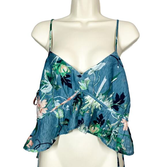 NEW! H&M Floral Strappy Ruffled Crop Top Tie Teal - M - Picture 1 of 5
